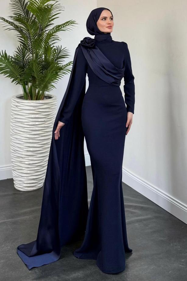 Vêtements hijab BLEU MARINE ROBE DE SOIRÉE AVEC DÉTAIL DE CAPE T 6535 - TRENDTESETTÜR