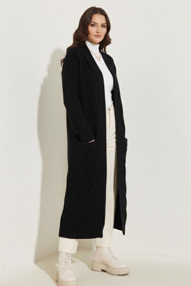 Tesettür giyim SİYAH ÖRGÜ DESENLİ TRİKO HIRKA T 7182 - TRENDTESETTÜR