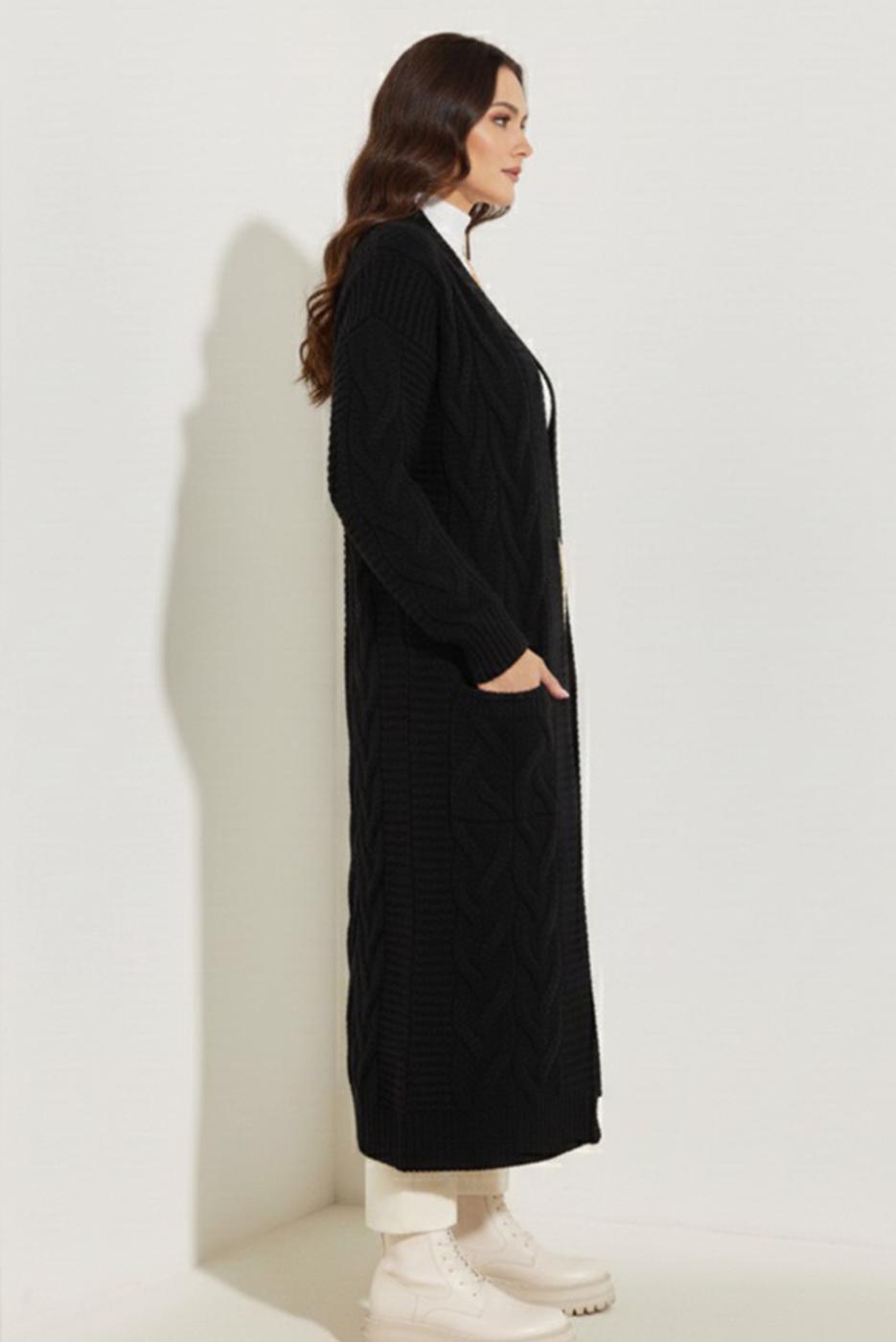 Tesettür giyim SİYAH ÖRGÜ DESENLİ TRİKO HIRKA T 7182