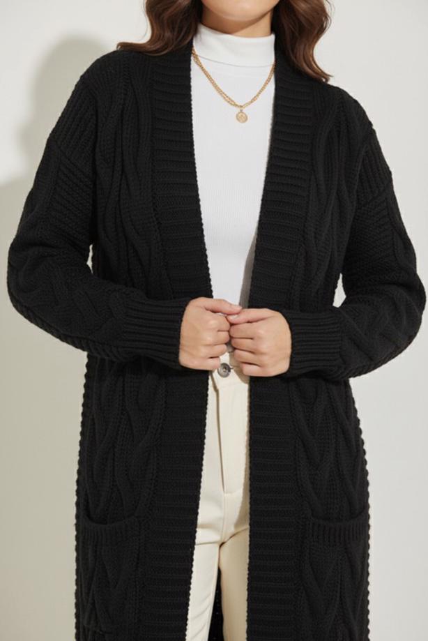 Tesettür giyim SİYAH ÖRGÜ DESENLİ TRİKO HIRKA T 7182 - TRENDTESETTÜR