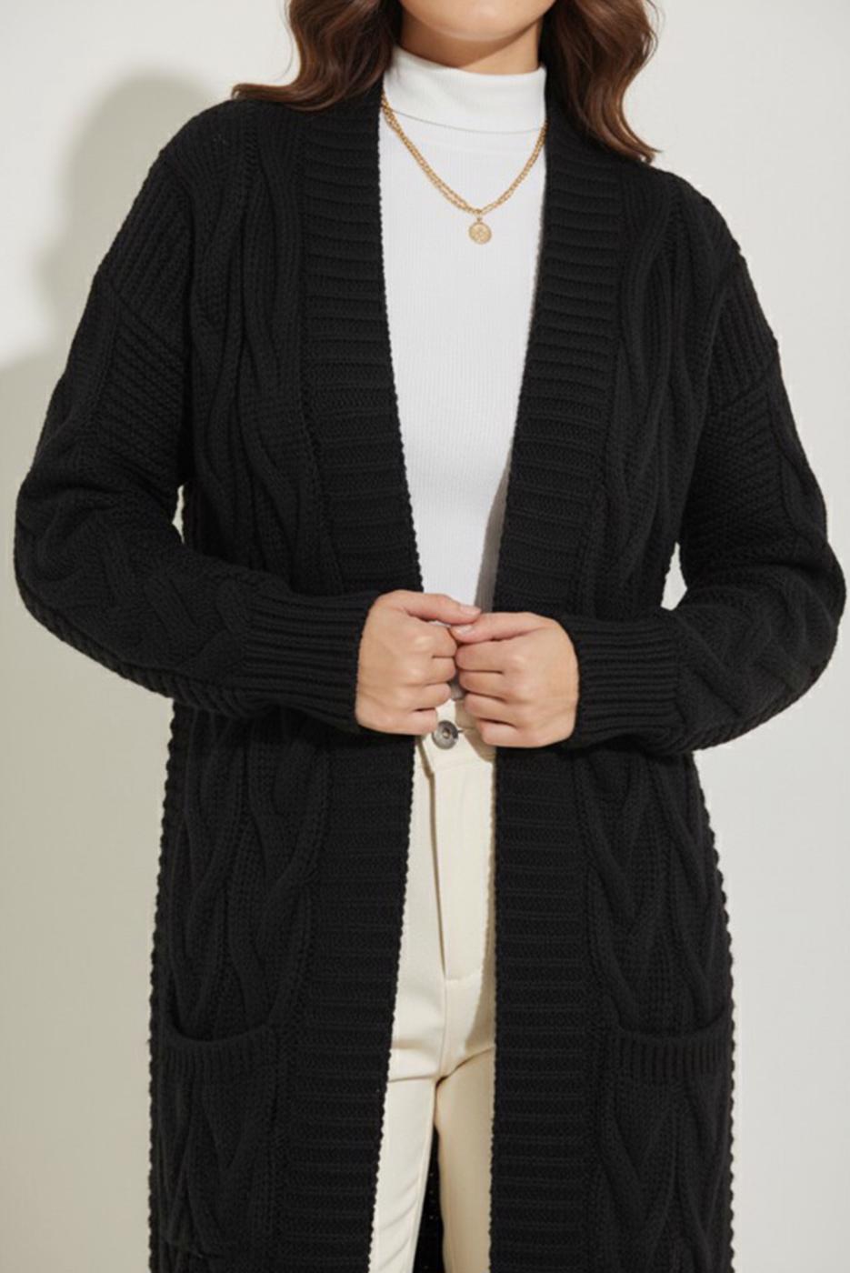 Tesettür giyim SİYAH ÖRGÜ DESENLİ TRİKO HIRKA T 7182