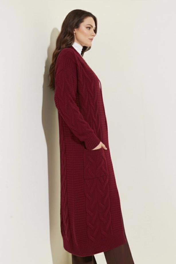 Tesettür giyim BORDO ÖRGÜ DESENLİ TRİKO HIRKA T 7182 - TRENDTESETTÜR