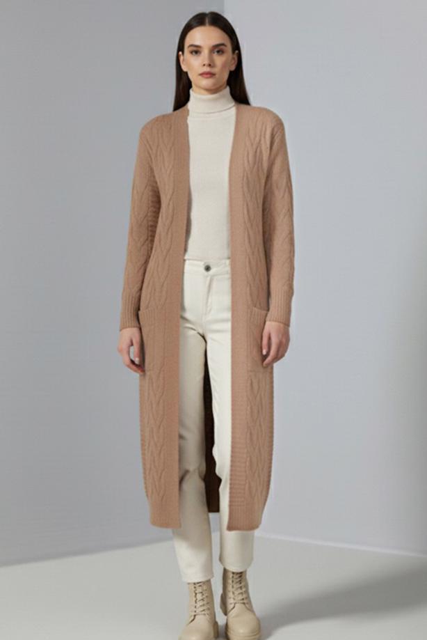 Tesettür giyim KAHVE ÖRGÜ DESENLİ TRİKO HIRKA T 7182 - TRENDTESETTÜR