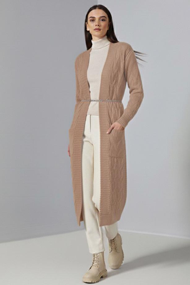 Tesettür giyim KAHVE ÖRGÜ DESENLİ TRİKO HIRKA T 7182 - TRENDTESETTÜR