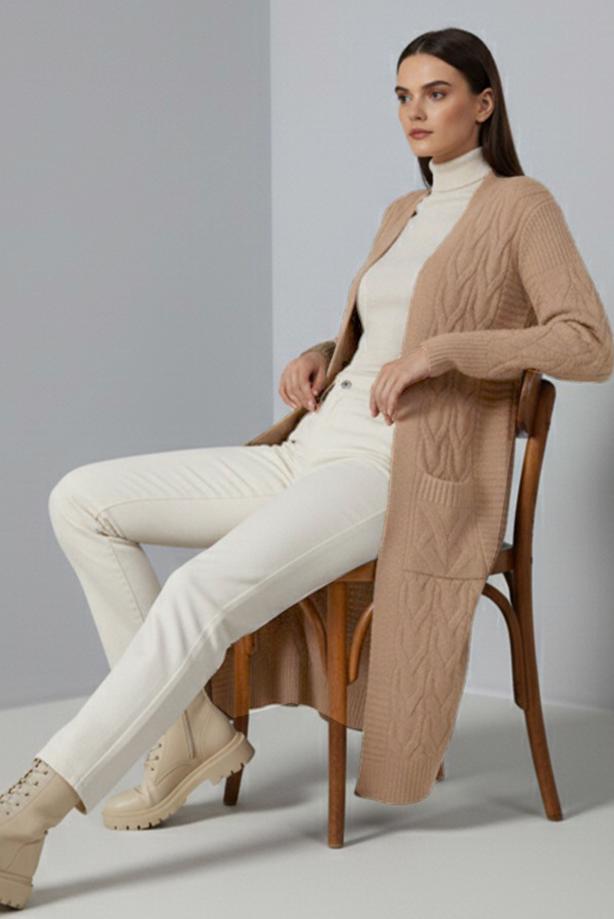 Tesettür giyim KAHVE ÖRGÜ DESENLİ TRİKO HIRKA T 7182 - TRENDTESETTÜR