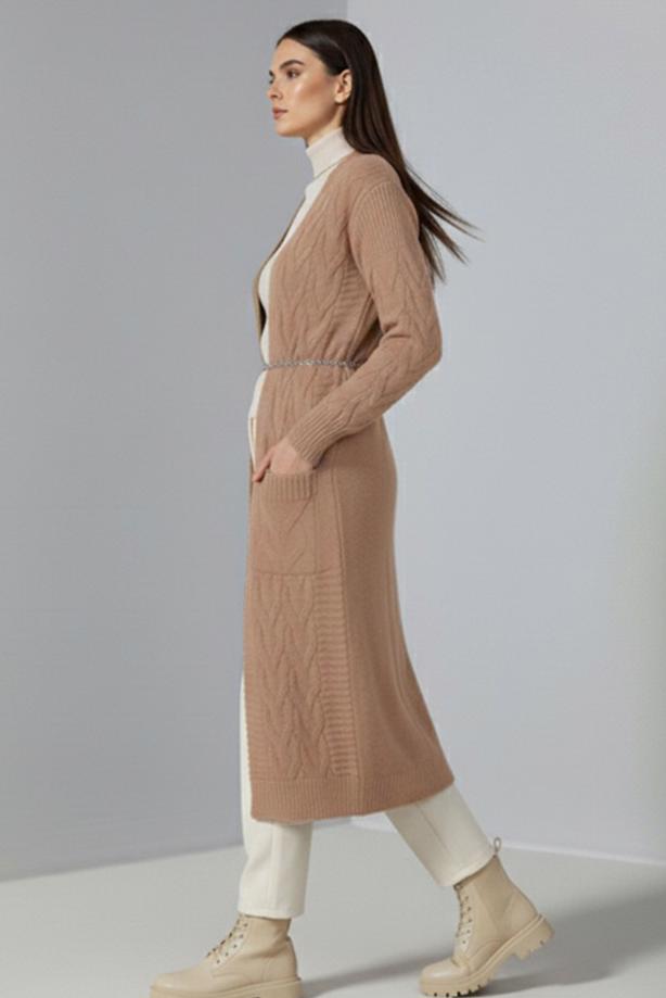 Tesettür giyim KAHVE ÖRGÜ DESENLİ TRİKO HIRKA T 7182 - TRENDTESETTÜR