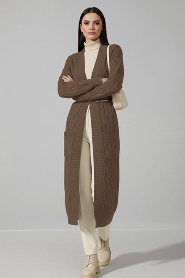 Tesettür giyim VİZON ÖRGÜ DESENLİ TRİKO HIRKA T 7182 - TRENDTESETTÜR