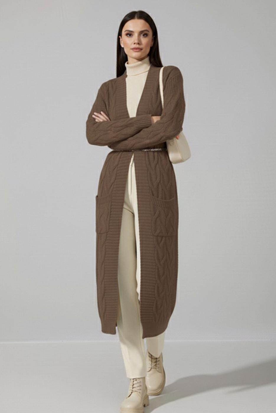 Tesettür giyim VİZON ÖRGÜ DESENLİ TRİKO HIRKA T 7182