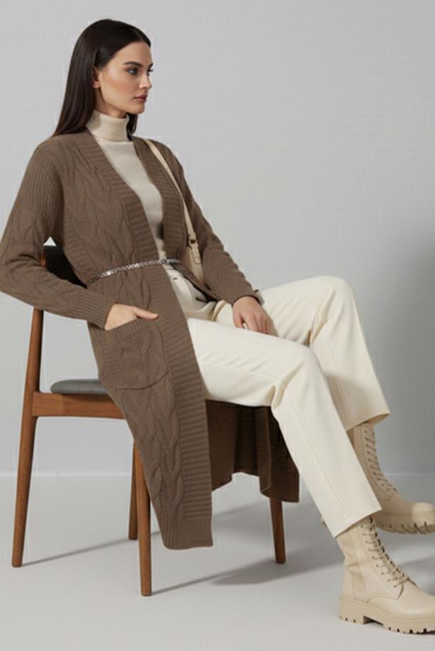 Tesettür giyim VİZON ÖRGÜ DESENLİ TRİKO HIRKA T 7182 - TRENDTESETTÜR