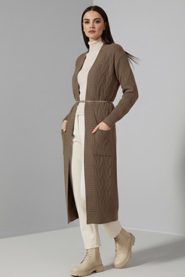 Tesettür giyim VİZON ÖRGÜ DESENLİ TRİKO HIRKA T 7182 - TRENDTESETTÜR