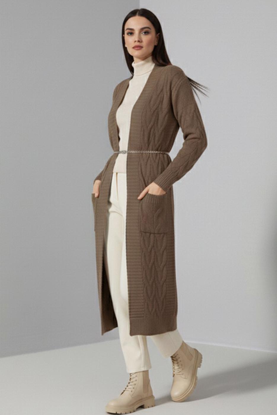 Tesettür giyim VİZON ÖRGÜ DESENLİ TRİKO HIRKA T 7182