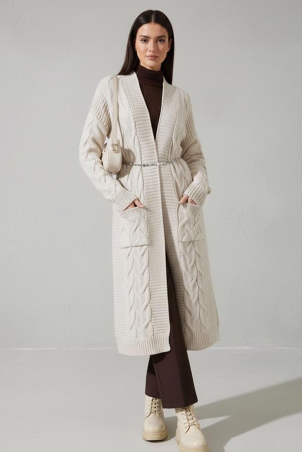 Tesettür giyim BEJ ÖRGÜ DESENLİ TRİKO HIRKA T 7182 - TRENDTESETTÜR