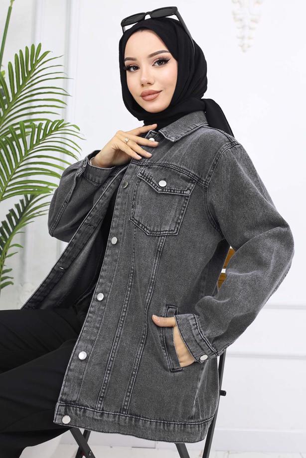 Tesettür giyim GRİ KOT CEKET T 407  - TRENDTESETTÜR