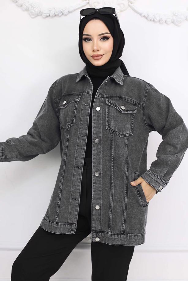 Tesettür giyim GRİ KOT CEKET T 407  - TRENDTESETTÜR