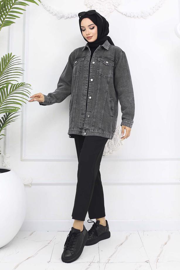 Tesettür giyim GRİ KOT CEKET T 407  - TRENDTESETTÜR