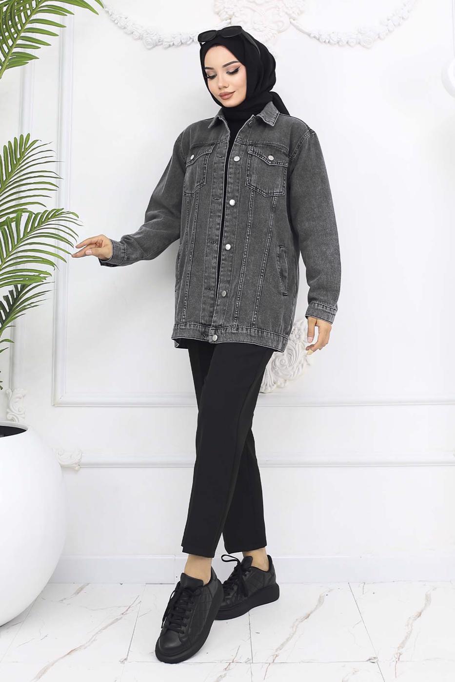 Tesettür giyim GRİ KOT CEKET T 407 