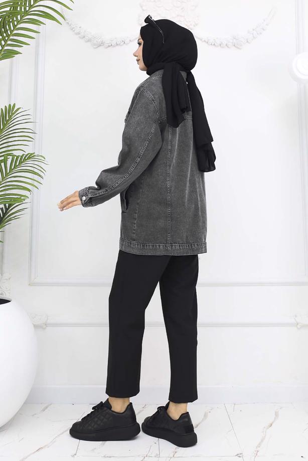 Tesettür giyim GRİ KOT CEKET T 407  - TRENDTESETTÜR
