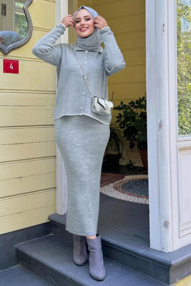 Tesettür giyim GRİ T 0751 BYM TRİKO HIRKA - TRENDTESETTÜR
