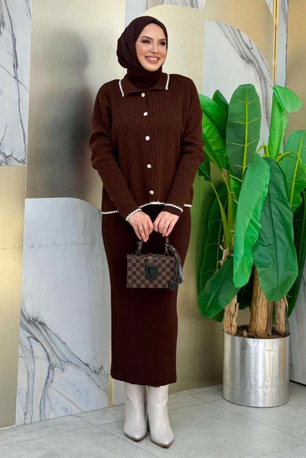 Tesettür giyim KAHVE T 0751 BYM TRİKO HIRKA - TRENDTESETTÜR