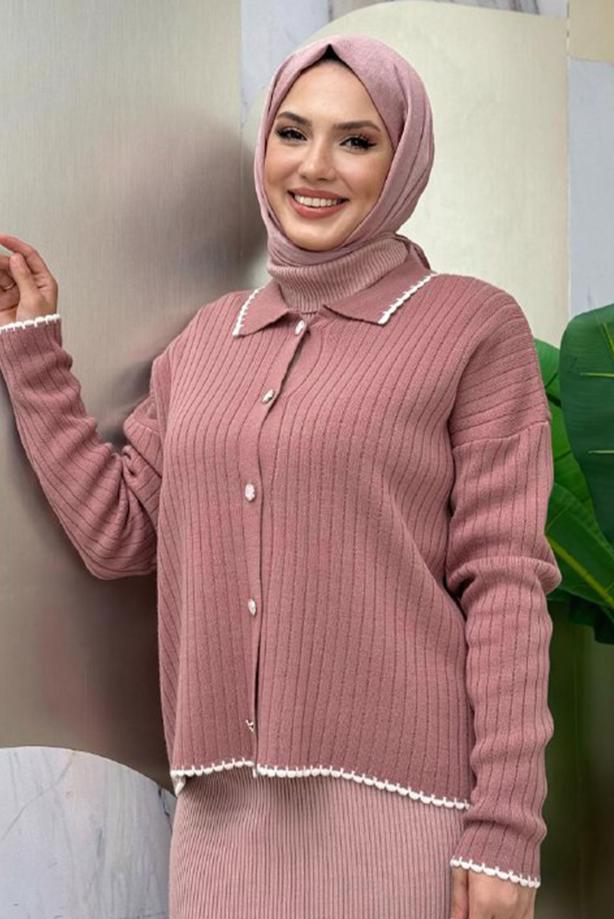 Tesettür giyim PEMBE T 0751 BYM TRİKO HIRKA - TRENDTESETTÜR