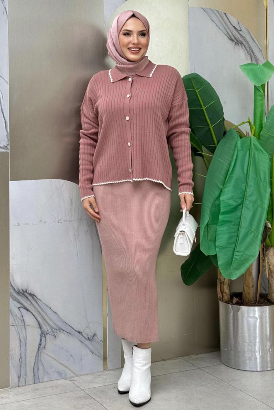 Tesettür giyim PEMBE TRİKO HIRKA T 0751