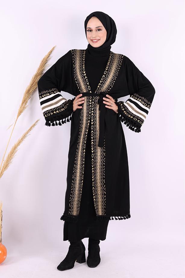 Vêtements hijab NOIR KIMONO EN MAILLE À MOTIFS ETHNIQUES T 57621 - TRENDTESETTÜR