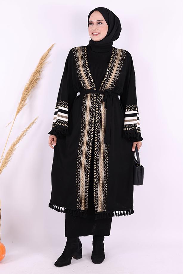 Vêtements hijab NOIR KIMONO EN MAILLE À MOTIFS ETHNIQUES T 57621 - TRENDTESETTÜR
