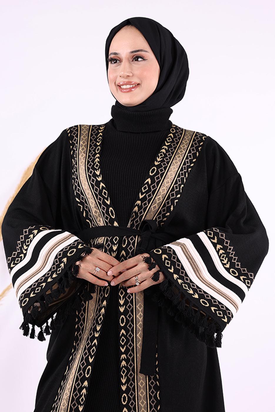 Tesettür giyim SİYAH ETNİK DESENLİ TRİKO KİMONO T 57621