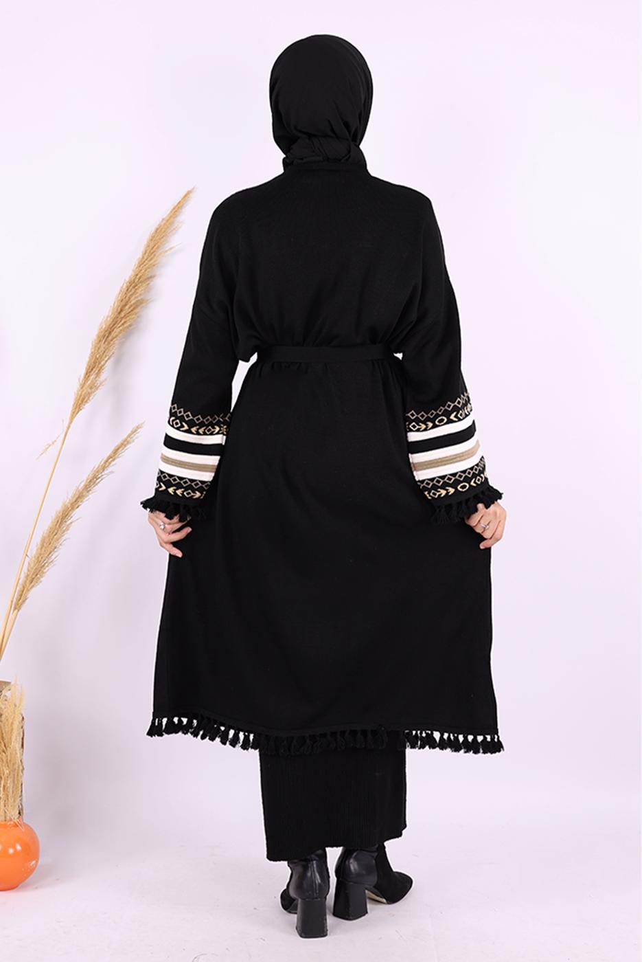 Tesettür giyim SİYAH ETNİK DESENLİ TRİKO KİMONO T 57621