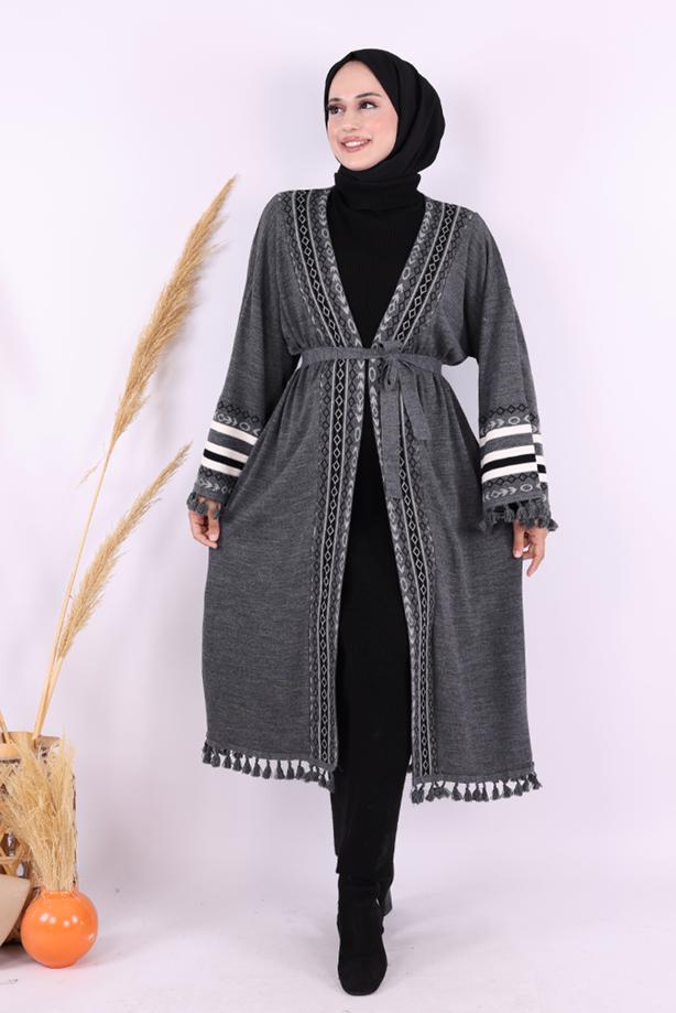 Vêtements hijab GRIS KIMONO EN MAILLE À MOTIFS ETHNIQUES T 57621 - TRENDTESETTÜR