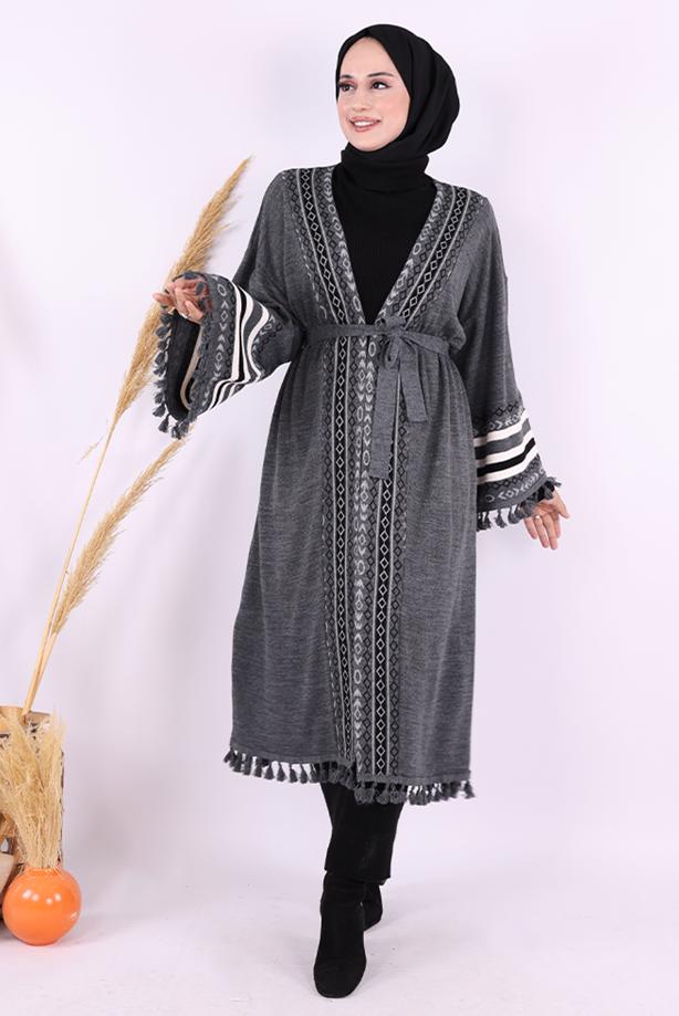 Vêtements hijab GRIS KIMONO EN MAILLE À MOTIFS ETHNIQUES T 57621 - TRENDTESETTÜR