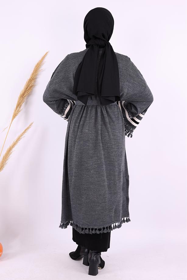 Vêtements hijab GRIS KIMONO EN MAILLE À MOTIFS ETHNIQUES T 57621 - TRENDTESETTÜR