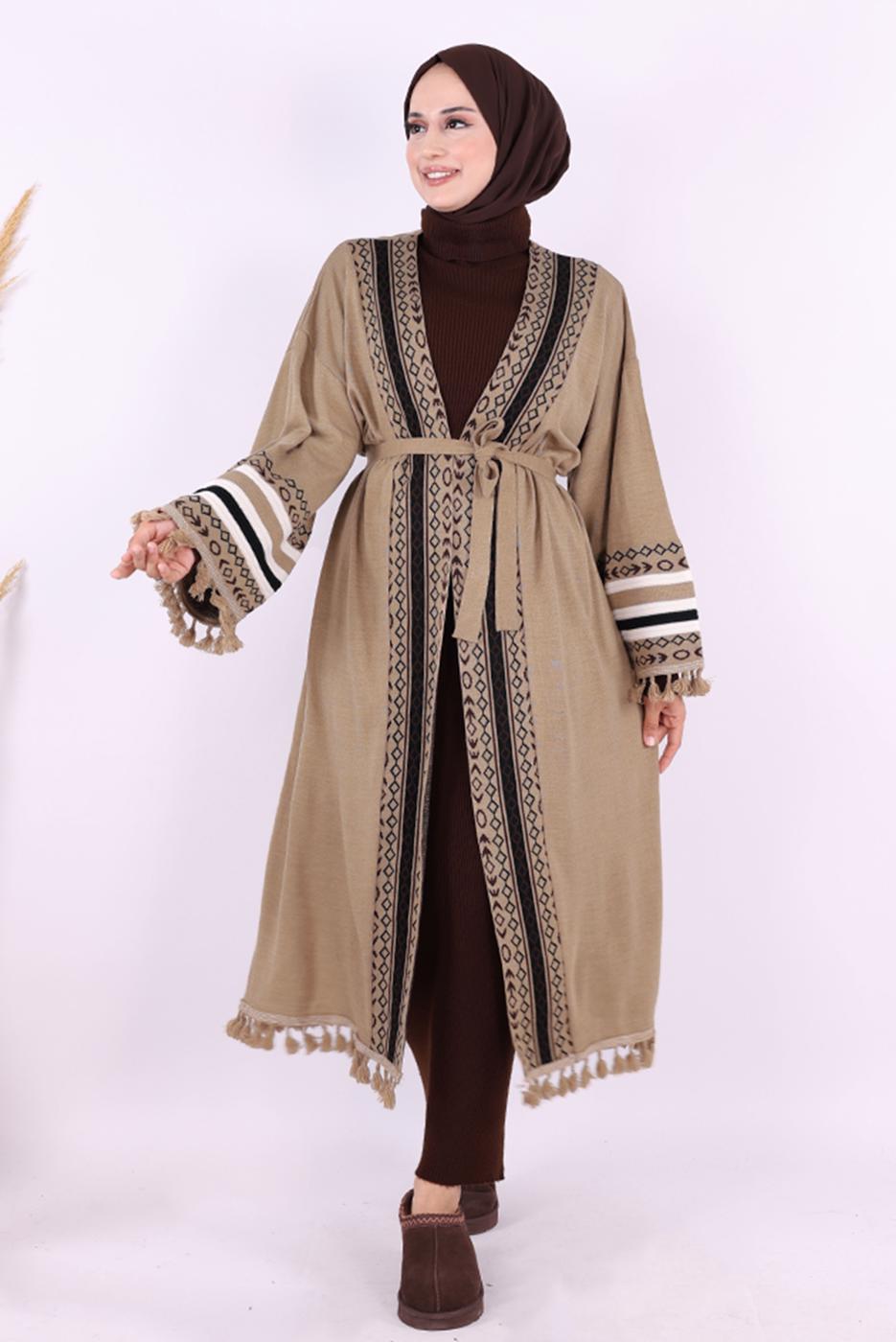 Tesettür giyim VİZON ETNİK DESENLİ TRİKO KİMONO T 57621