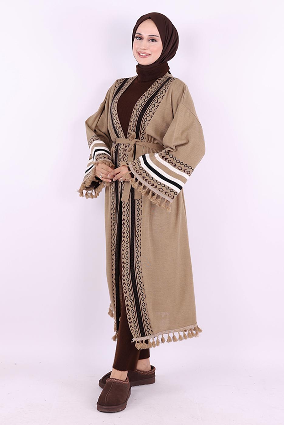 Tesettür giyim VİZON ETNİK DESENLİ TRİKO KİMONO T 57621