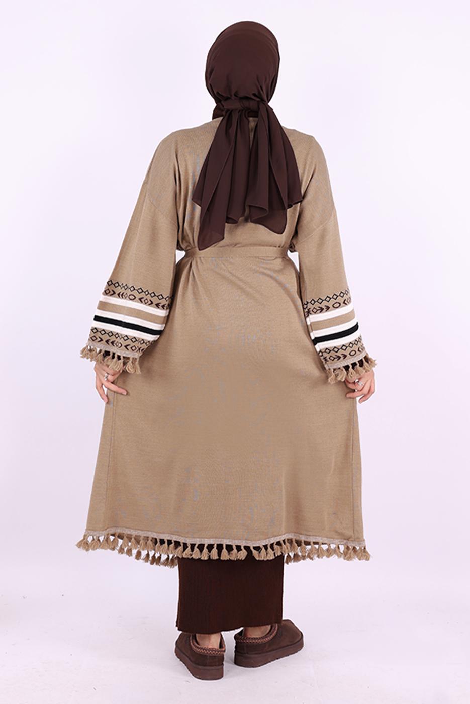 Tesettür giyim VİZON ETNİK DESENLİ TRİKO KİMONO T 57621