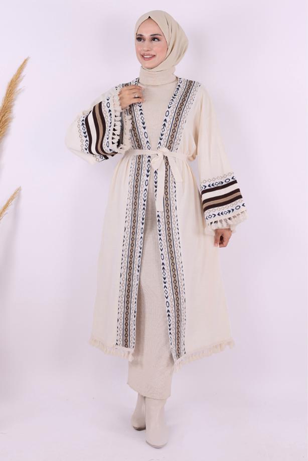 Vêtements hijab BEIGE KIMONO EN MAILLE À MOTIFS ETHNIQUES T 57621 - TRENDTESETTÜR