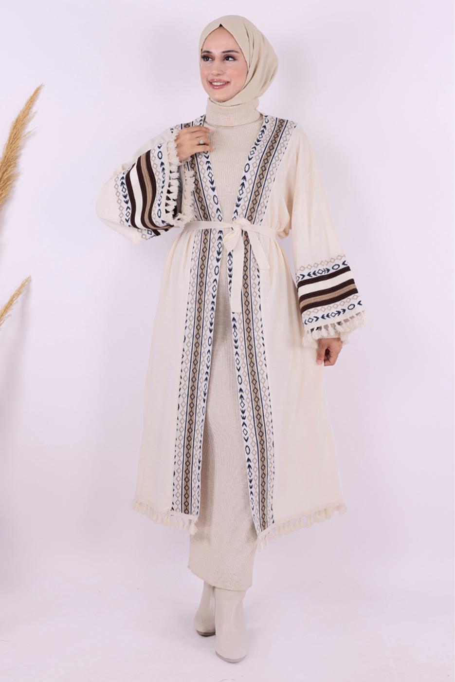 Tesettür giyim BEJ ETNİK DESENLİ TRİKO KİMONO T 57621