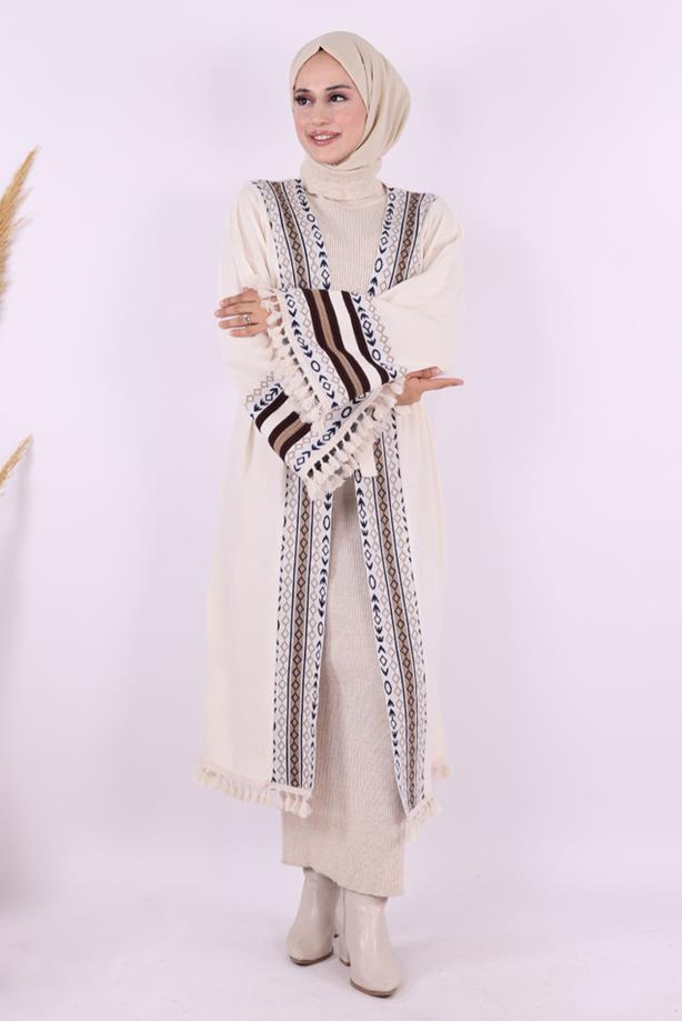 Vêtements hijab BEIGE KIMONO EN MAILLE À MOTIFS ETHNIQUES T 57621 - TRENDTESETTÜR