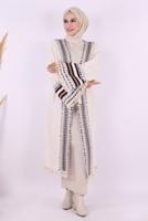 Tesettür giyim BEJ ETNİK DESENLİ TRİKO KİMONO T 57621