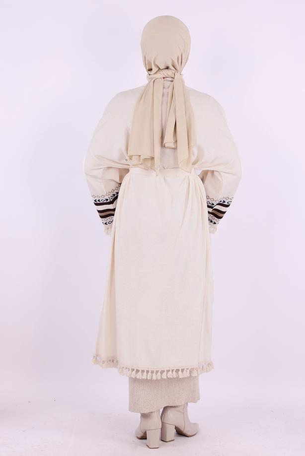 Vêtements hijab BEIGE KIMONO EN MAILLE À MOTIFS ETHNIQUES T 57621 - TRENDTESETTÜR