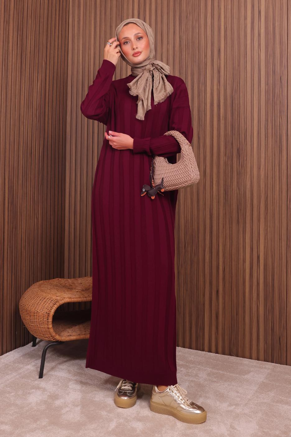 Tesettür giyim BORDO TRİKO ELBİSE T 0507