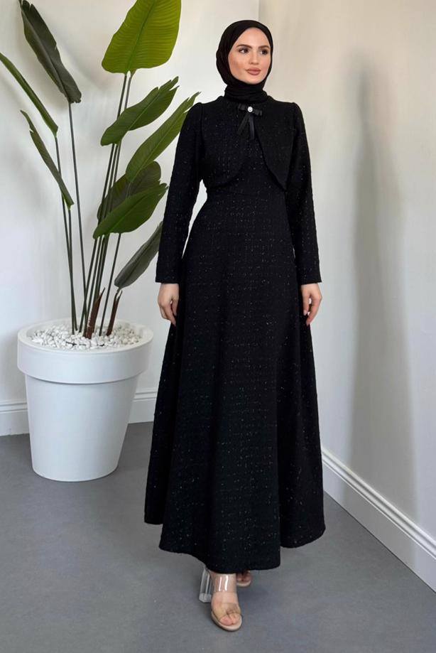 Tesettür giyim SİYAH BOLEROLU TÜVİT ELBİSE T 1526 - TRENDTESETTÜR