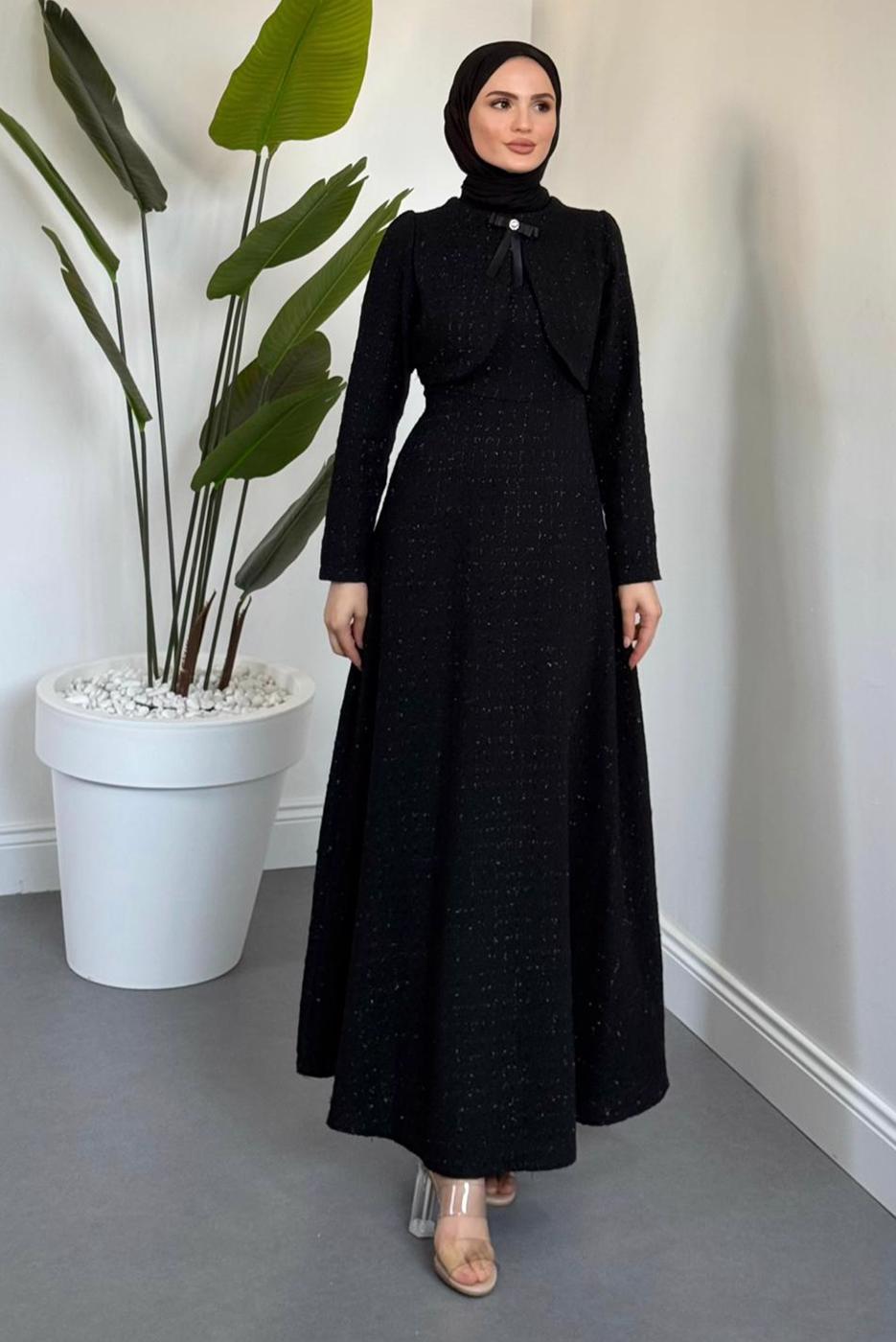 Tesettür giyim SİYAH BOLEROLU TÜVİT ELBİSE T 1526