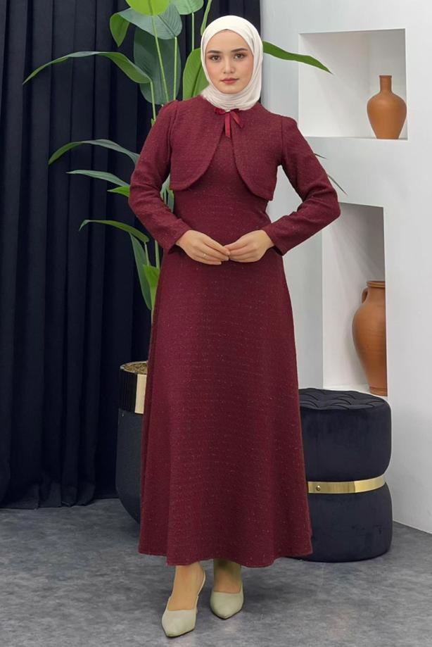 Tesettür giyim BORDO BOLEROLU TÜVİT ELBİSE T 1526 - TRENDTESETTÜR