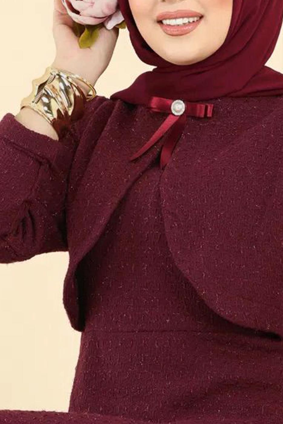 Tesettür giyim BORDO BOLEROLU TÜVİT ELBİSE T 1526