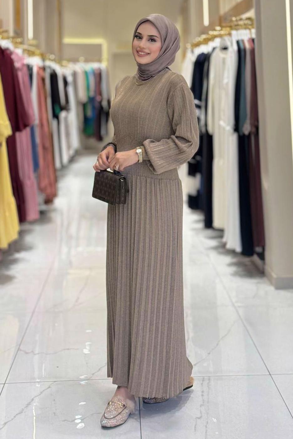 Tesettür giyim VİZON TRİKO ELBİSE T 22381