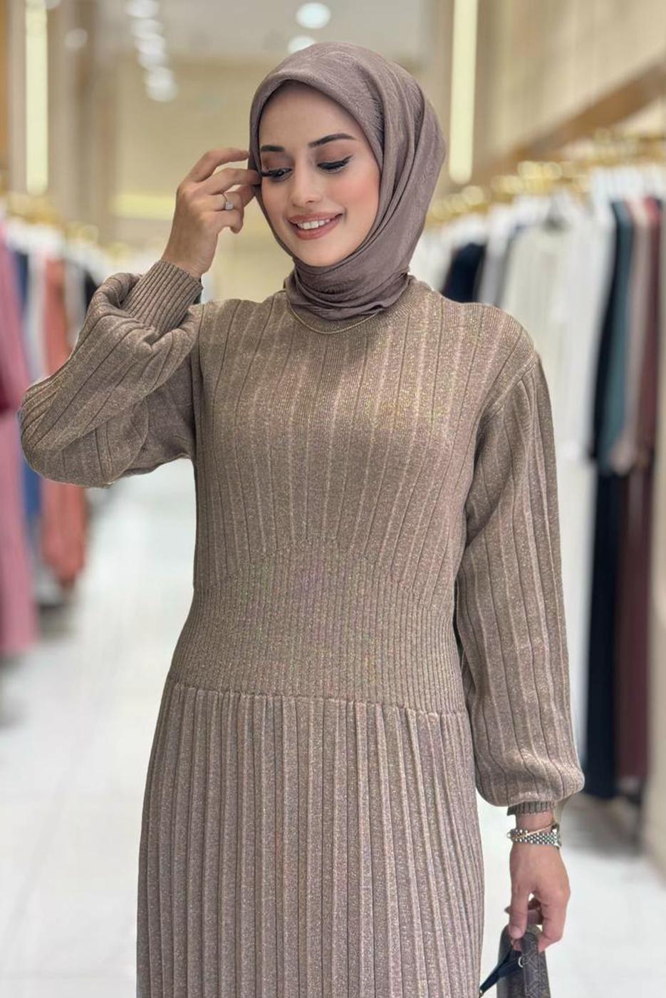 Tesettür giyim VİZON TRİKO ELBİSE T 22381