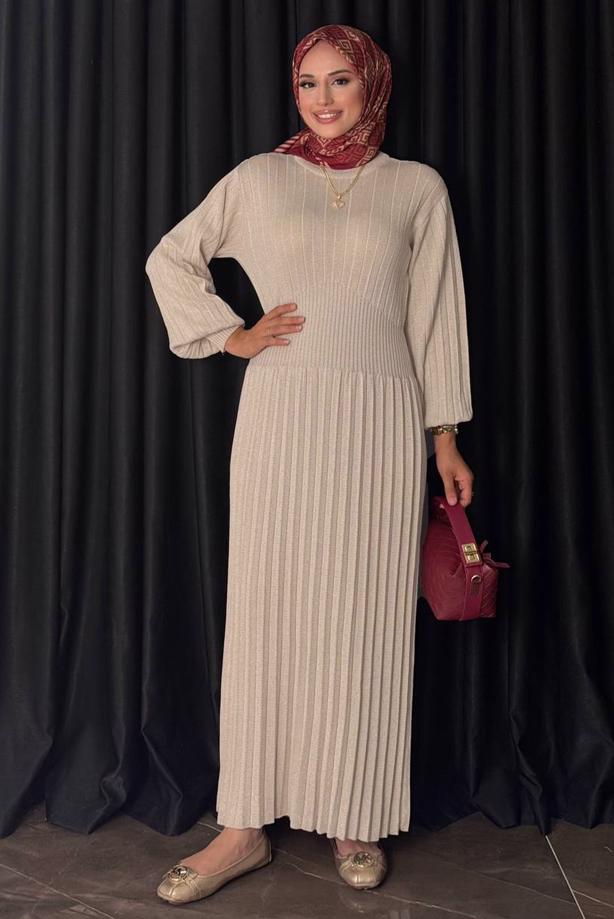Hijab clothing BEIGE KNITWEAR DRESS T 22381 - TRENDTESETTÜR