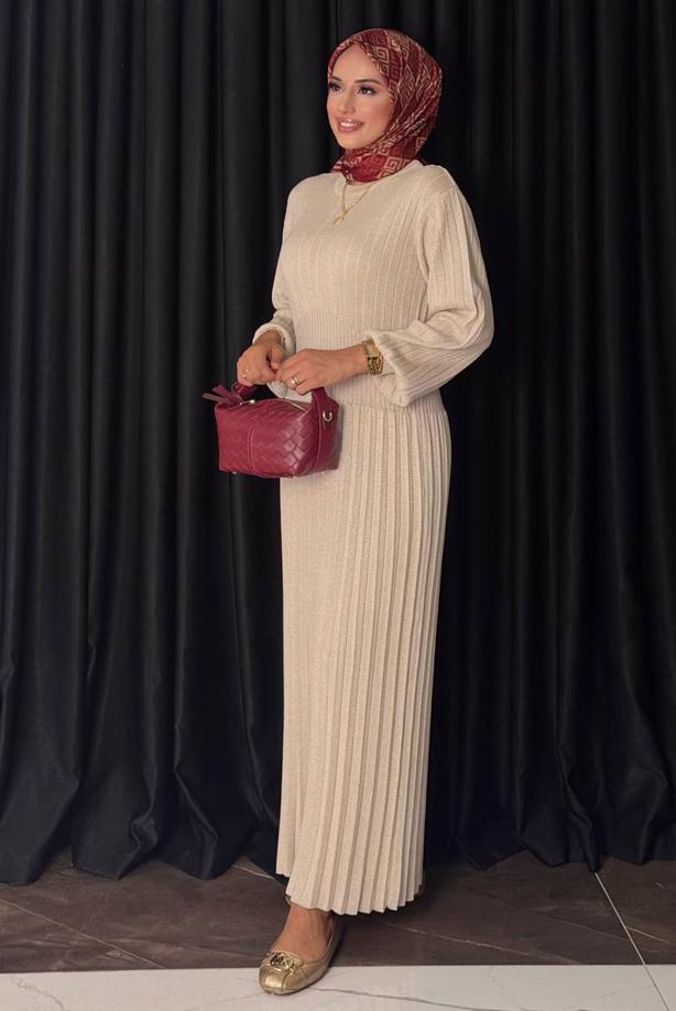 Hijab clothing BEIGE KNITWEAR DRESS T 22381 - TRENDTESETTÜR