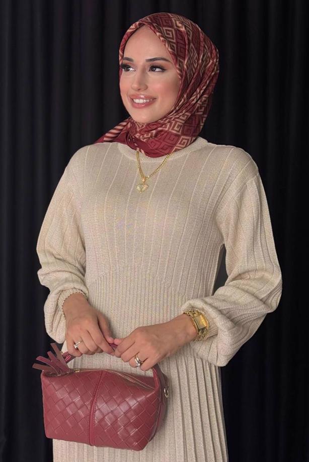 Hijab clothing BEIGE KNITWEAR DRESS T 22381 - TRENDTESETTÜR
